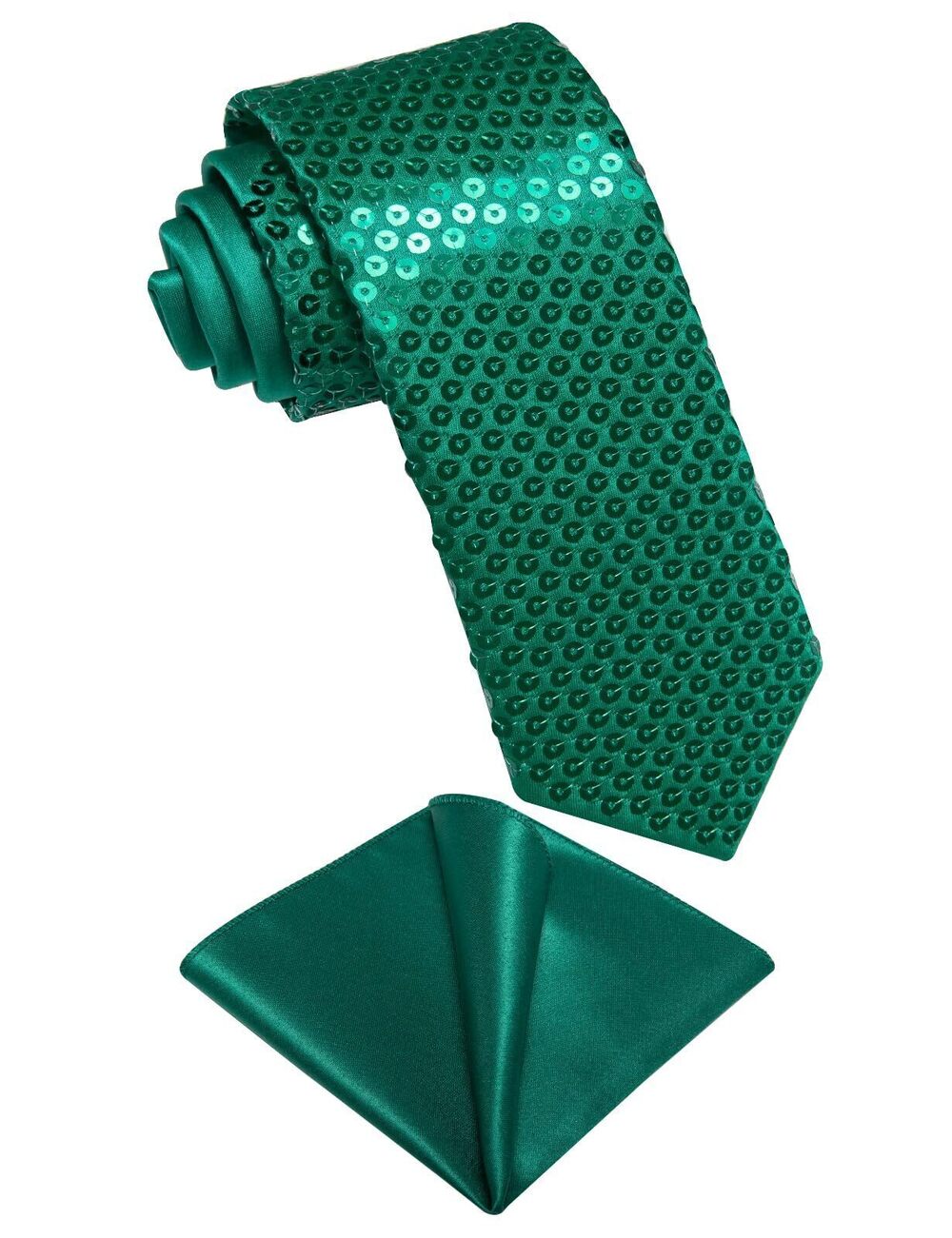 2157 Hunter Green Tie Sequin Ties Solid Color Skinny Tie and Pocket Square